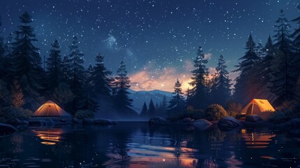 The night is full of stars, the lake is calm and still, and the forest is full of mystery.