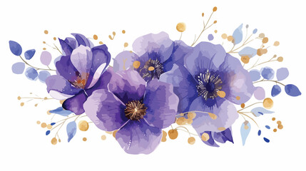 Watercolor bright purple flowers golden gold floral background