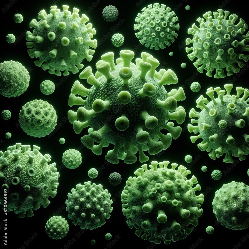 Poster detailed 3d rendering of various virus particles in green hues, showcasing diverse structures and te