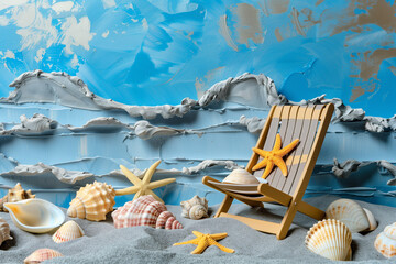 Beach scene collage with lounge chairs and seashells on a blue background