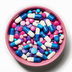 White bowl full of blue, pink and white pills top view isolated on white background