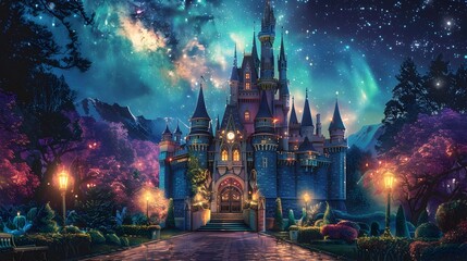 Fototapeta premium Enchanting Fairytale Castle Under Shimmering Aurora Borealis in Starry Night Sky