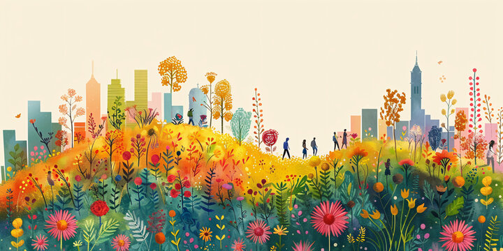 Flat minimalist illustration of diverse community garden with rainbow flowers and people