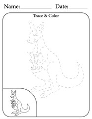 Kangaroo Printable Activity Page for Kids. Educational Resources for School for Kids. Kids Activity Worksheet. Trace and Color the Shape