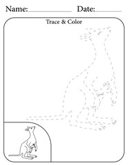 Kangaroo Printable Activity Page for Kids. Educational Resources for School for Kids. Kids Activity Worksheet. Trace and Color the Shape