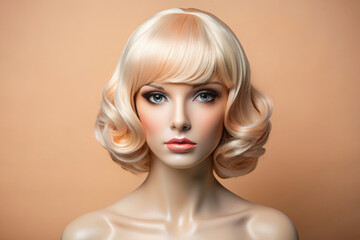 Blond wig on Mannequin. beautiful plastic girl with makeup