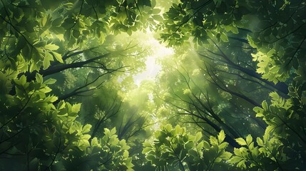 Lush and Vibrant Forest Canopy Bathed in Dappled Sunlight,Showcasing the Ethereal Beauty of Nature's Intricate Details