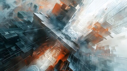 Futuristic aerial cityscape with dynamic geometric patterns and intricate digital architecture description:This stunning digital artwork showcases an