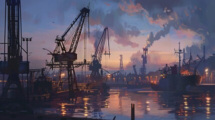 Sunset at the harbor of a city in the North, with dock machinery unloading goods.