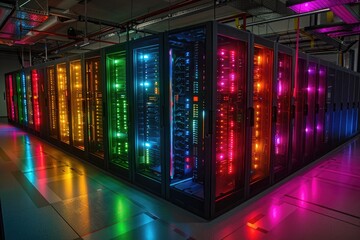 A row of computer servers are lit up in a rainbow of colors. The servers are lined up in a row, with each one having a different color. The servers are all connected to each other
