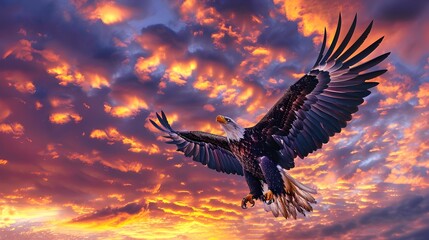 Obraz premium Majestic Eagle Soaring Through Vibrant Sunset Sky With Dramatic Clouds and Brilliant Colors
