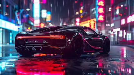 Sleek Black Sports Car Gliding Through Neon-Lit Nighttime Cityscape with Reflective Puddles