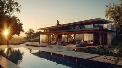 Fototapeta premium Lift spirits and energy savings with a family's wave from their solar-driven residence.