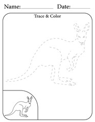 Kangaroo Printable Activity Page for Kids. Educational Resources for School for Kids. Kids Activity Worksheet. Trace and Color the Shape