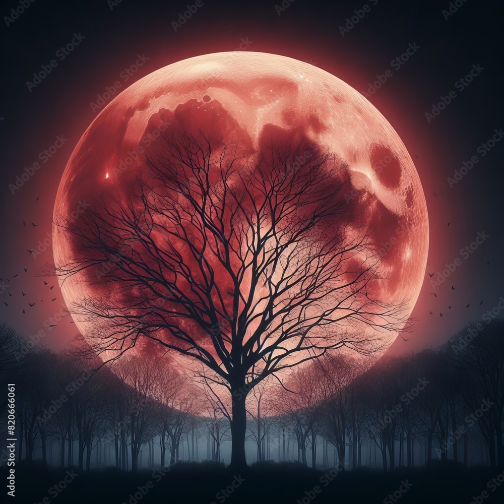 Poster a surreal scene with a giant red moon rising behind a solitary tree in a silhouetted forest, under a
