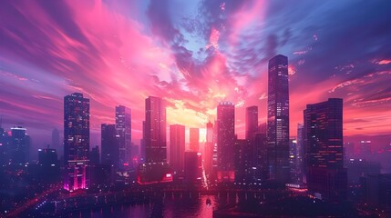 Captivating Cityscape at Twilight:Iconic Skyscrapers Silhouetted Against a Vibrant Sky