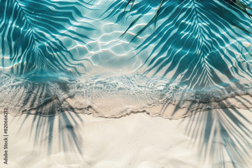 Poster a beach scene with a palm tree and the water is blue. the water is calm and the palm tree is casting