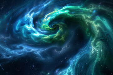 A swirling blue and green galaxy with stars and a spiral shape