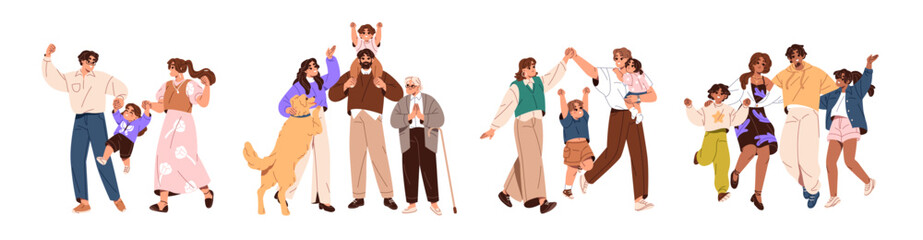 Obraz premium Diverse families celebrate win, event set. Happy people have fun together. Positive parents, couple with funny kids rejoice to success, embrace. Flat isolated vector illustrations on white background