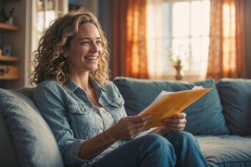 European woman sits on a sofa in living room and reading a document or letter with good news. She...