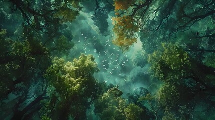 Fototapeta premium Ethereal Aerial Perspective of Enchanted Forest Canopy with Frolicking Mystical Creatures