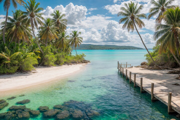 A beautiful beach with palm trees and a clear blue ocean. The water is calm and the sky is clear