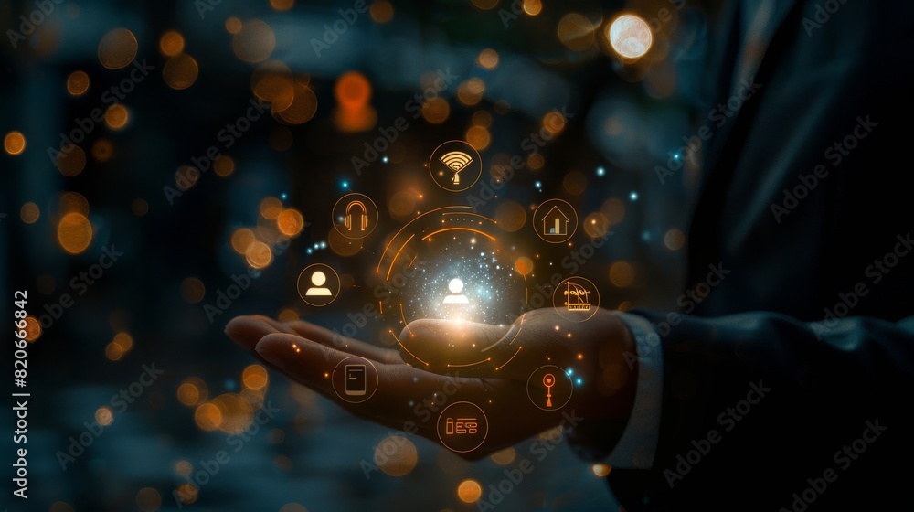 Poster an illustration of hands holding digital data icons symbolizes technology, innovation, and connectiv