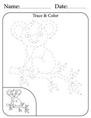 Koala Printable Activity Page for Kids. Educational Resources for School for Kids. Kids Activity Worksheet. Trace and Color the Shape