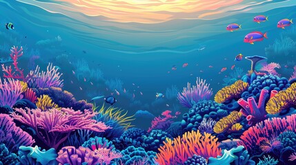 A colorful underwater scene with a variety of fish and plants. Scene is vibrant and lively, with the bright colors of the coral and fish creating a sense of energy and movement