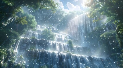 Cascading Waterfalls in a Celestial Fantasy Realm with Vibrant Magical Elements