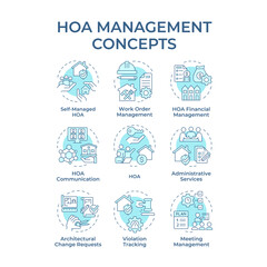 HOA management soft blue concept icons. Administrative services, association community. Icon pack. Vector images. Round shape illustrations for infographic, presentation. Abstract idea