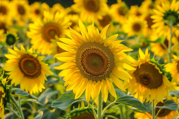 Picturesque sunflower field with vibrant yellow flowers in the summer sun