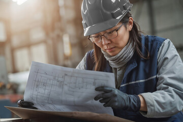 Asian woman metalworker in factory wearing a black helmet and safety glasses is reading a piece instructions on blueprint - Powered by Adobe