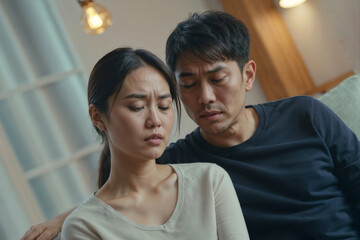 Fototapeta premium Asian couple on sofa lost in thoughts. Relationship concerns, marital issues, unhappy partners