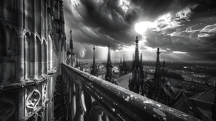 Mesmerizing Gothic architectural elements captured in stunning black and white long shot showcasing intricate stone carvings and delicate spires