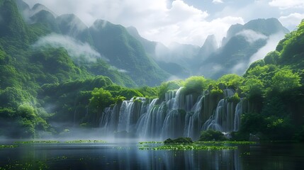 Lush Green Mountain Landscape with Cascading Waterfalls and Misty Atmosphere