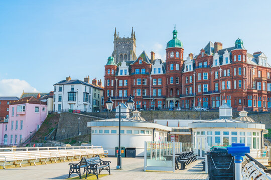 Closer view of Cromer buildings in North Norfolk, UK from the pier