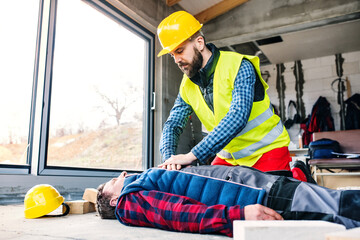 Colleague performing CPR on an injured worker lying on the ground after accident. Concept of...