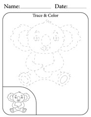 Koala Printable Activity Page for Kids. Educational Resources for School for Kids. Kids Activity Worksheet. Trace and Color the Shape