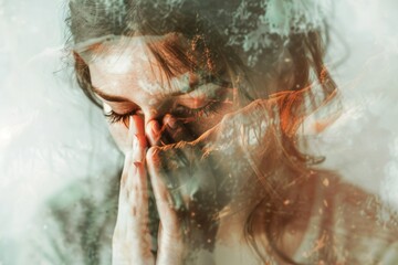 Young woman suffering from a severe depression/anxiety (color toned image; double exposure technique is used to convey the mood of unease, progression of the anxiety/depression)