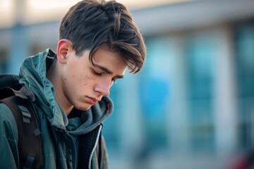 One sad boy teenager outdoor looking down for stress or depression. Student tired of school...