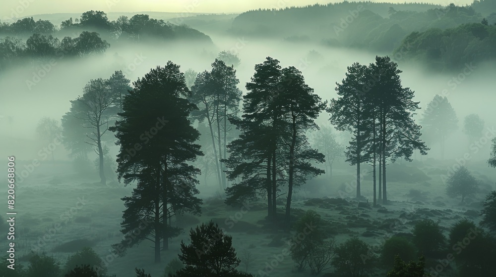 Poster a vast landscape enveloped in thick fog, where silhouettes of trees emerge mysteriously from the mis