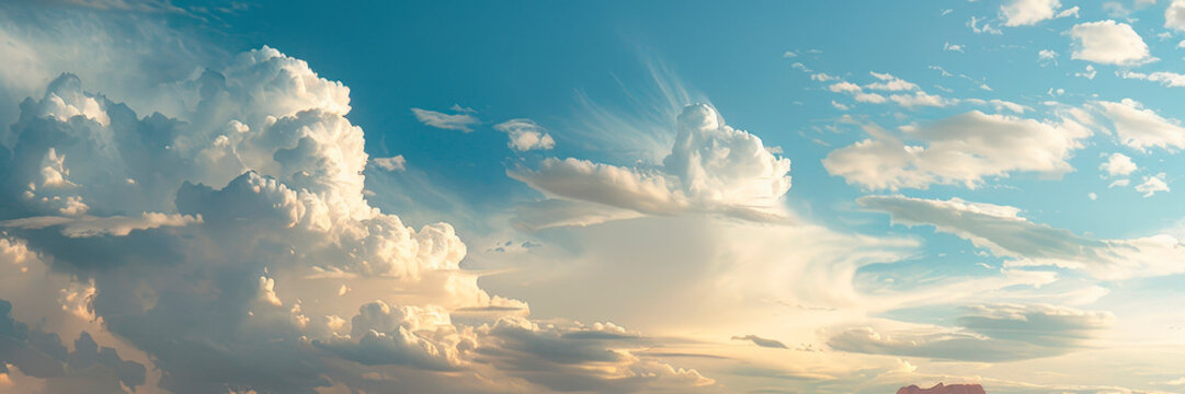A tranquil sky with flufy clouds, creating a serene and peaceful atmosphere. banner