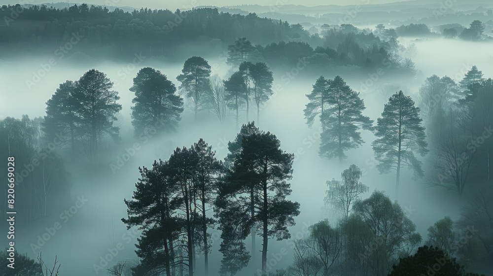 Poster a vast landscape enveloped in thick fog, where silhouettes of trees emerge mysteriously from the mis
