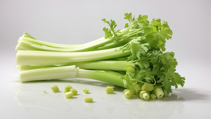 A bunch of celery stalks on white background
