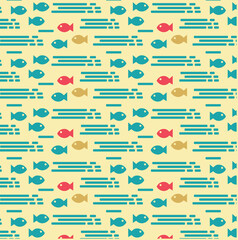 Retro abstract pattern with fishes. Sea summer pattern for print design. Seamless vector pattern. Vector background illustration.