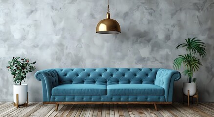 Modern interior design of blue sofa with gold pendant lamp and gray wall, retro living room...