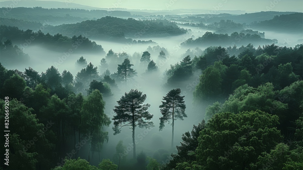 Poster a vast landscape enveloped in thick fog, where silhouettes of trees emerge mysteriously from the mis