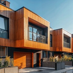 Modern houses with wooden and black exterior elements under a clear sky.