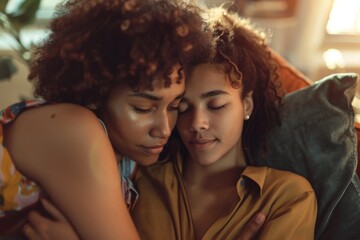 Sad biracial lesbian couple embracing and comforting, on couch in sunny living room, copy space. Depression, mental health, support, care, gay, relationship, togetherness and domestic life, unaltered.